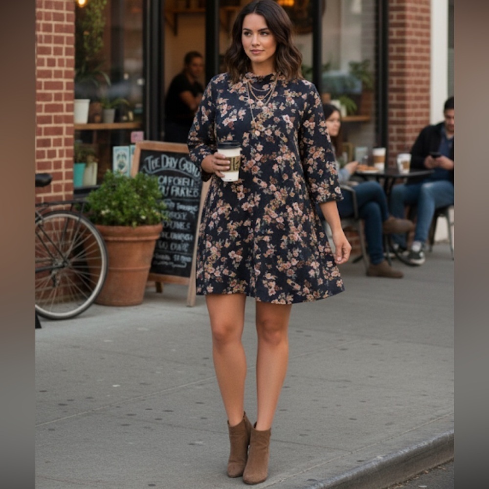 Lily White 1X blue floral mock neck dress